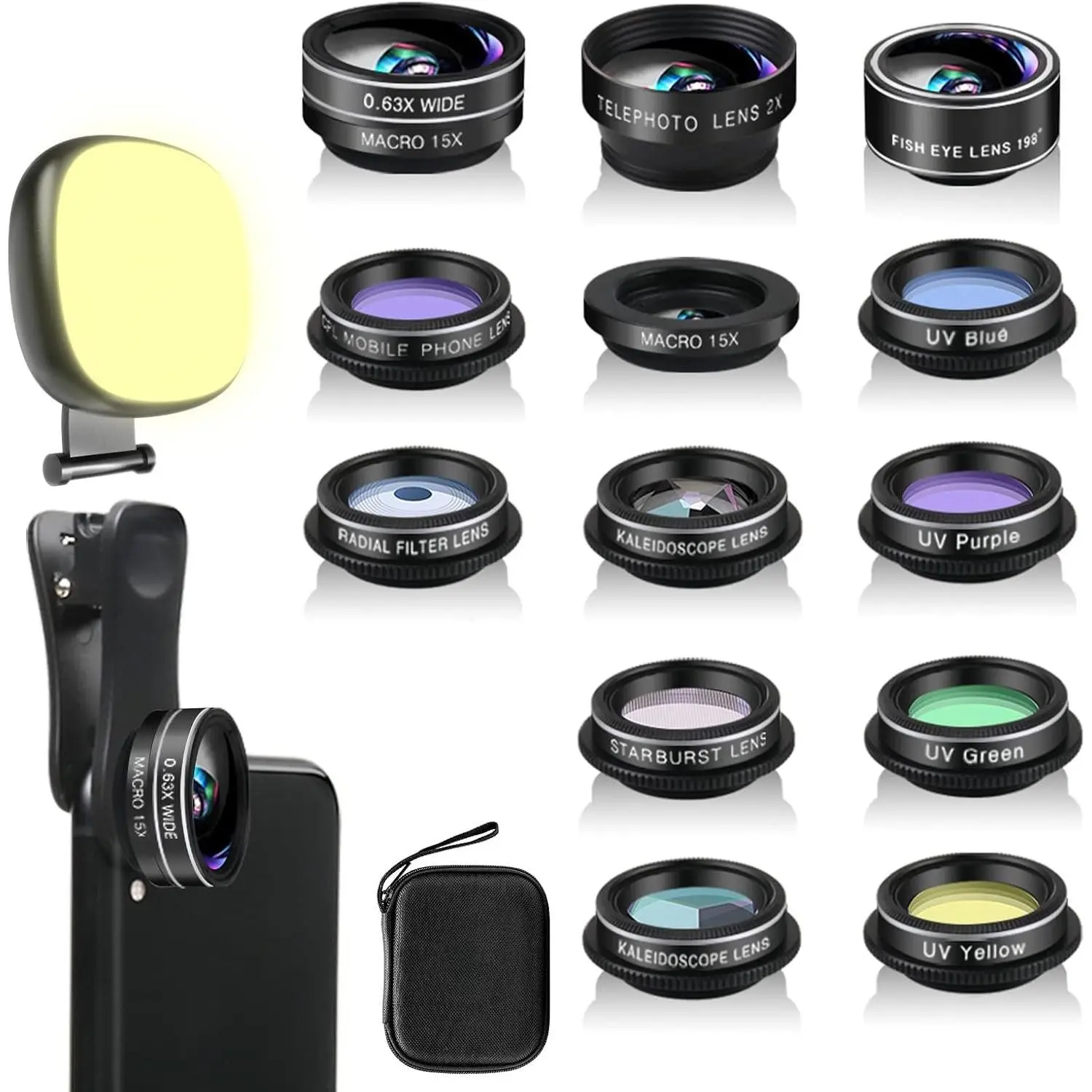 Phone Camera Lens Kit, 14 in 1 Lenses with Selfie Light for  14 13 12 11 Xs X Pro  and Other Andriod Smartphone,  Clip  Wide Angle+Macro+ Fisheye Camera Lenses