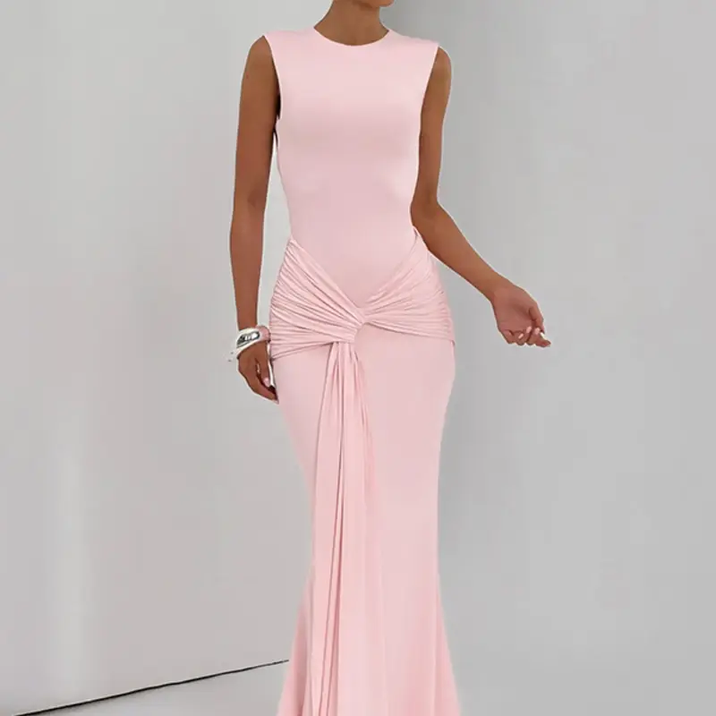 Women's Summer Sleeveless Backless Bodycon, Elegant Pink Long Dress, Perfect for Party, Club and Evening Wear, Fitted Elegant Dress