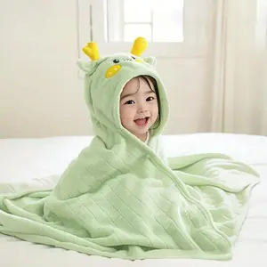 Green Deer Cartoon Hooded Bath Towel Cape for Babies, Thick Quick Dry Coral Fleece Poncho, All Season Wearable Bathrobe Wrap for Newborns & Toddlers After Shower, Swimming & Beach