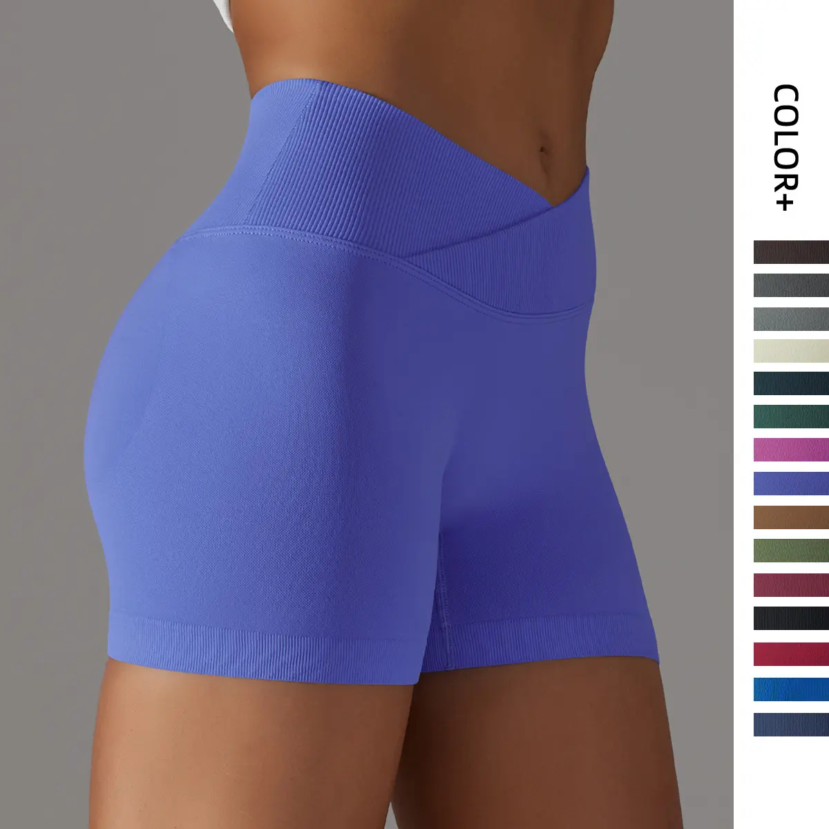 Women Seamless Knit Solid Cross Waist Peach Butt Lifting Yoga Shorts, Breathable 3 Inch Fitness Running Shorts