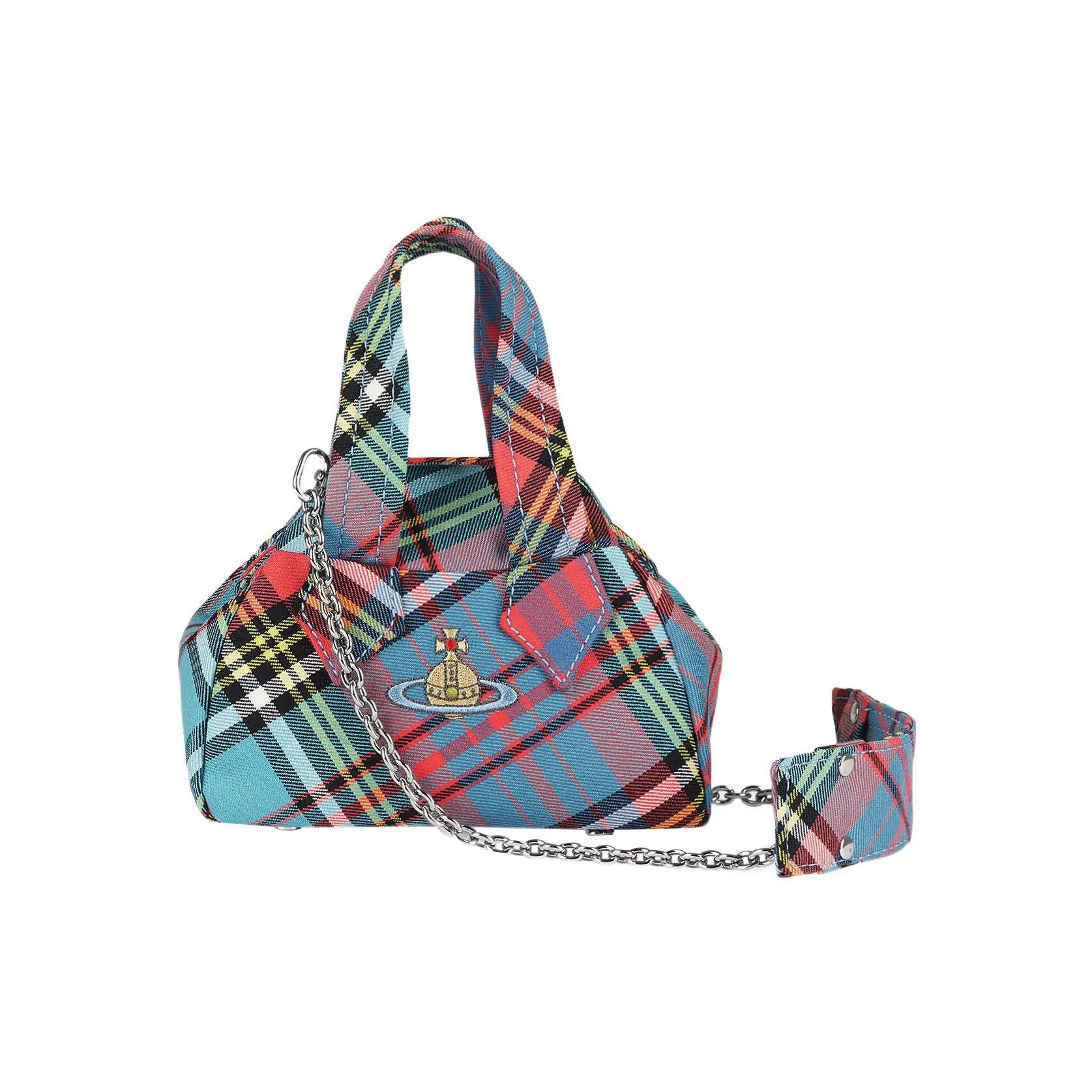 Vivienne Westwood Saturn Logo Bowling Bag for Women – Detachable Adjustable Chain Strap, Embroidered Tartan, Mini Crossbody Handbag in Blue or Pink