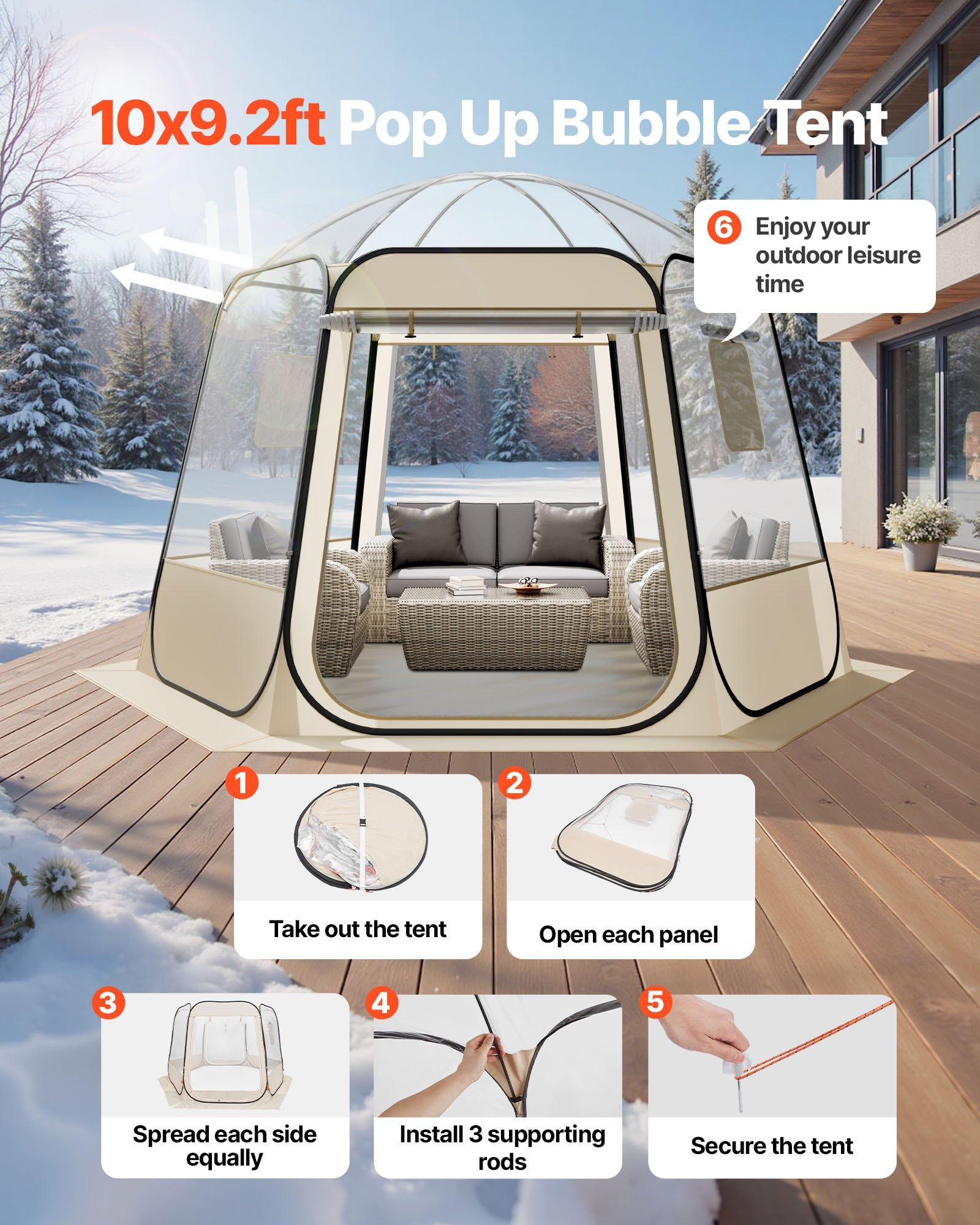 VEVOR Pop up Bubble Tent, 10 x 9.2 ft Waterproof & UV-Resistant, Clear Camping Tent Shelter, Outdoor Garden Dome Igloo Tents with Windows, 540 °   Panoramic View, for 4-8 Persons Patio Backyard