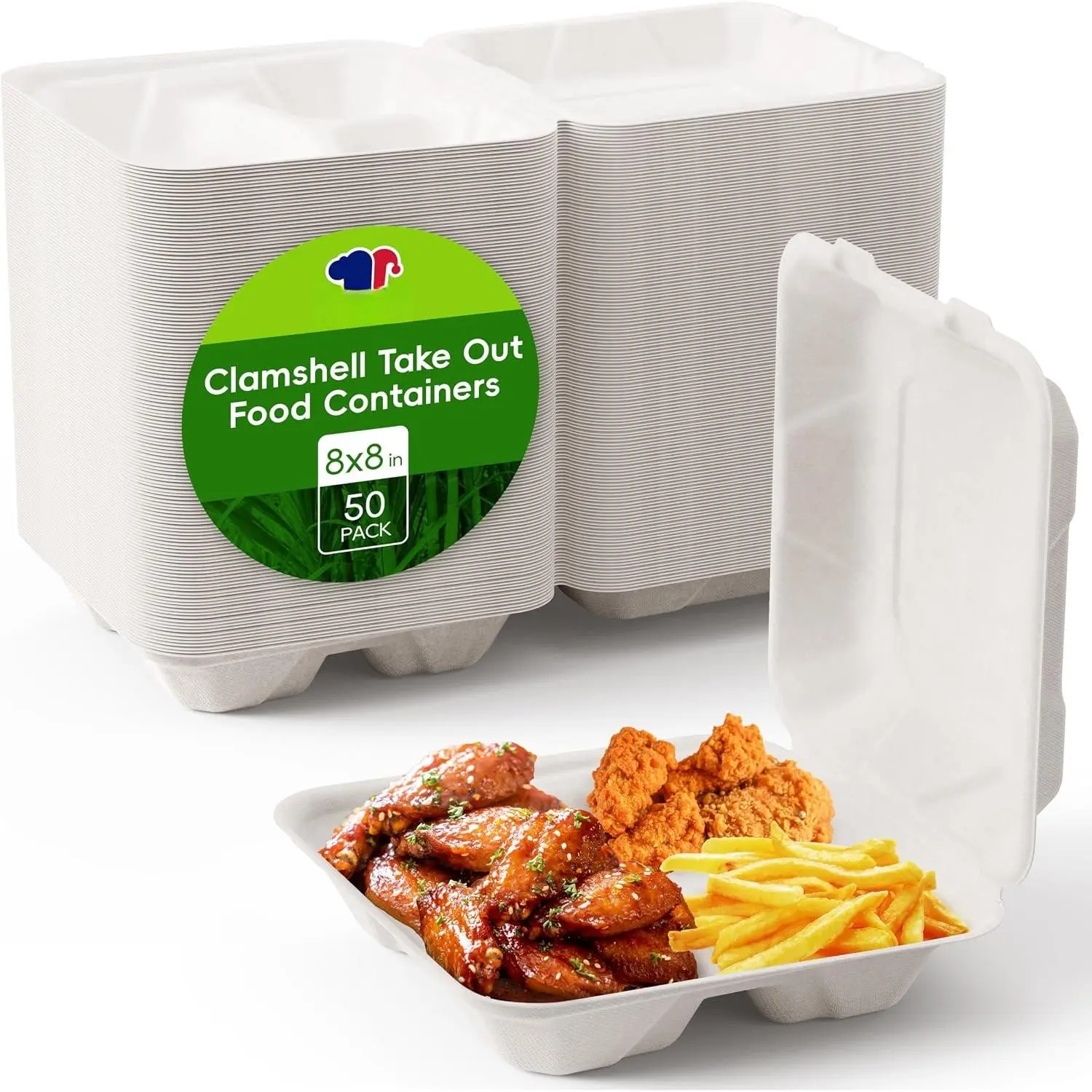 Disposable Clamshell Take Out  Containers, [8 * 8" 50-Pack] 3-Compartment Sugarcane Clamshell Takeout Boxes, 50-Pack To Go Boxes for Restaurants & Meal Prep