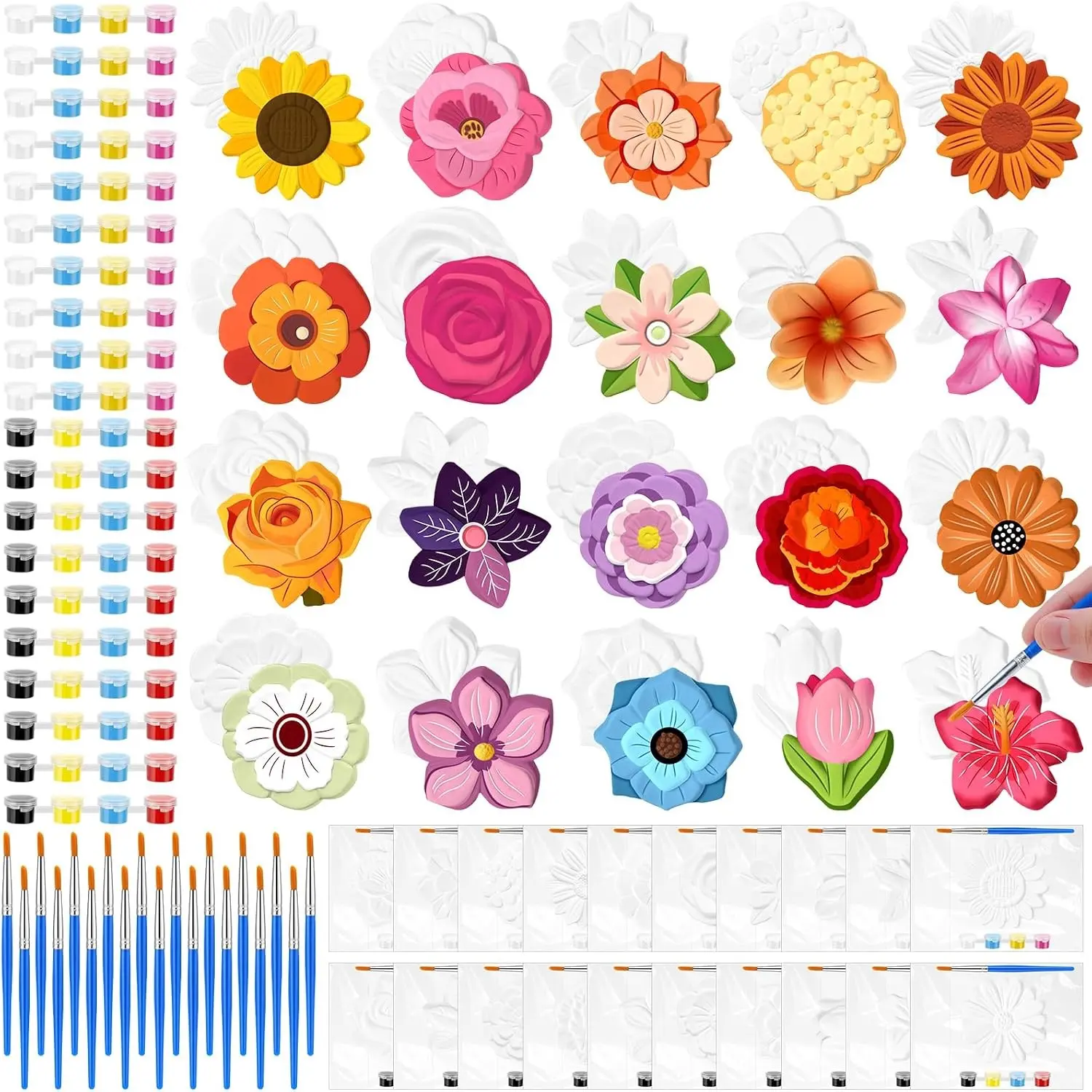 20 Set Flower DIY Painting Kit Ceramic to Paint Your Own Statues Unpainted Plaster Figurines with Brushes Acrylic Paints Bags Perfect Party Favor for Adults