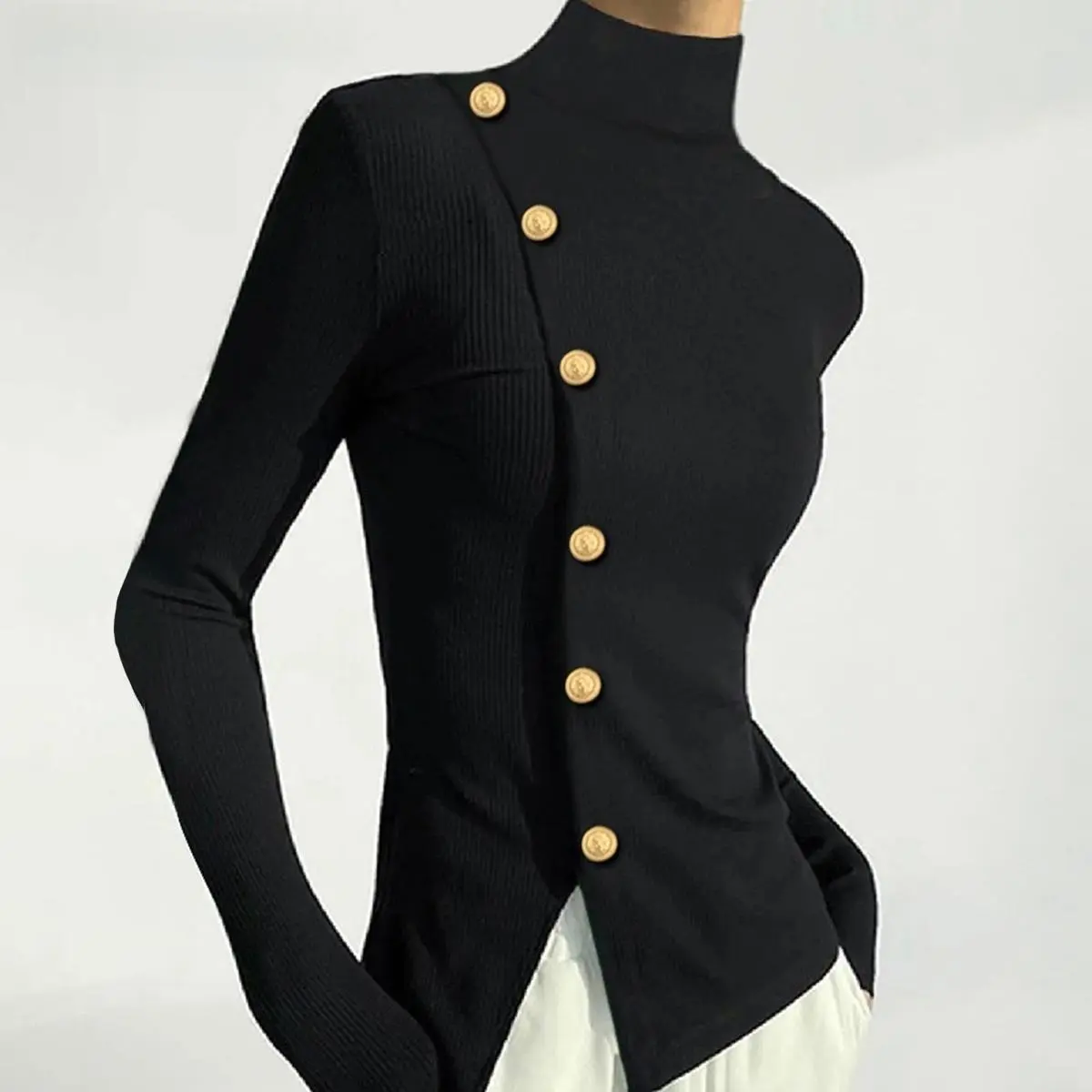 Lady's Elegant High Neck Knit Top, Solid Longsleeve Minimalist Pullover with an Irregular Split Hem and Metal Button Cuffs, Longsleeves, Valentines Day, Style Inspo, New Year, Plain, Turtleneck, Women, Full Sleeves, Hand Wash Only Blouses & Shirts