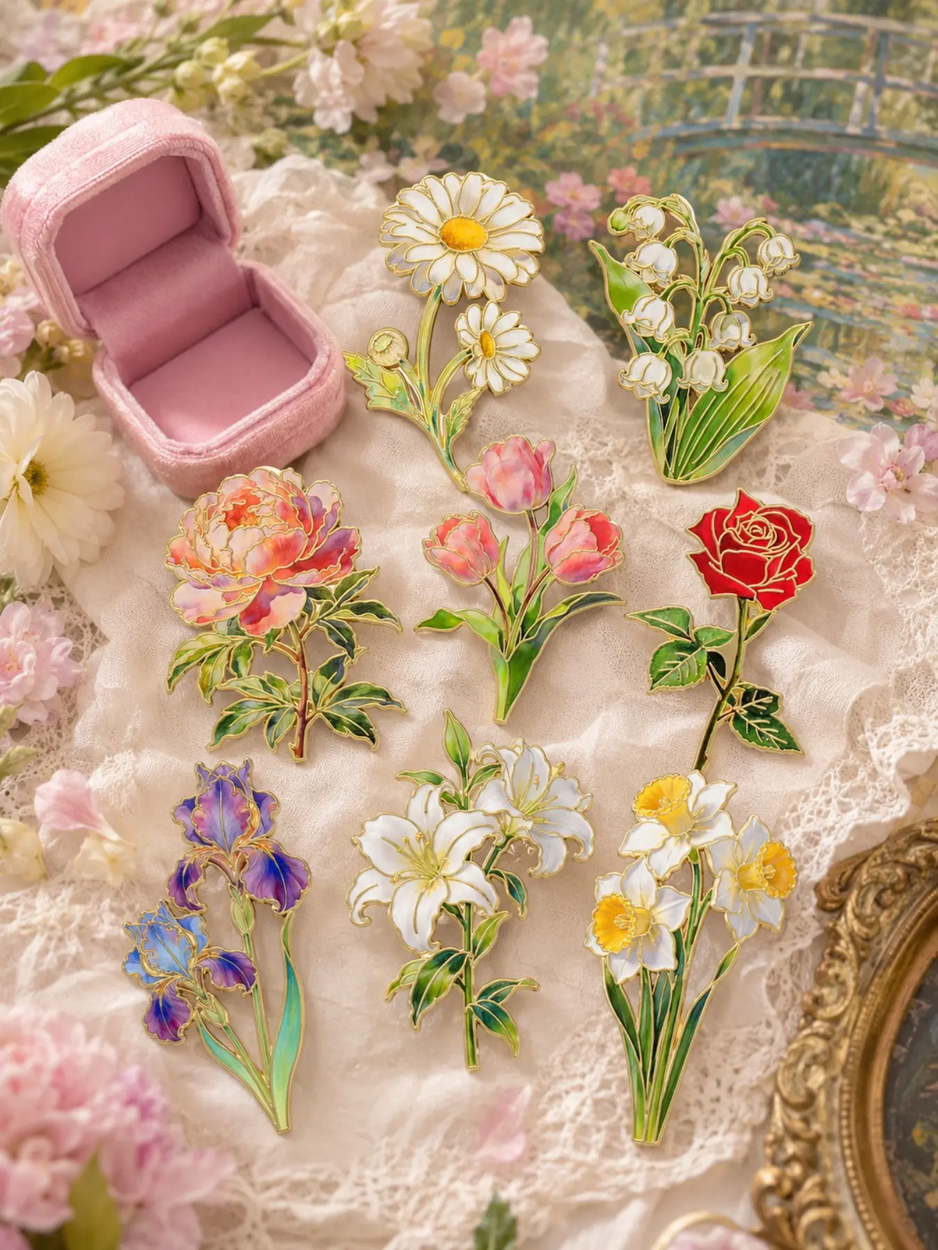 8 Styles Flower Brooch Pin for Women with Jewelry Gift Box, Daisy Rose Tulip Lily Iris Peony Daffodil Lily of the Valley Floral Lapel Pin, Elegant Dress Coat Scarf Accessory, Wedding Bridesmaid Holiday Gift for Her