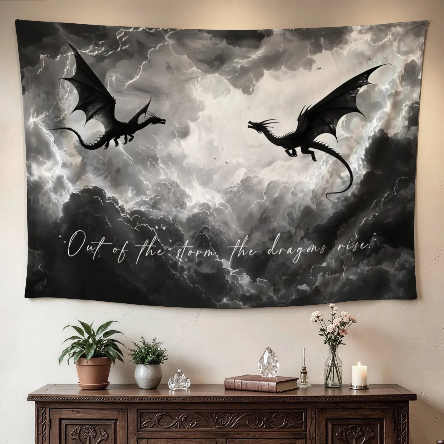 Black and White Fantasy Flying Dragon Storm Wall tapestry,Large size Printed Horizontal Tapestry blanket,Polyester Fabric Wall Hanging for bedroom,living room,No Installation Required,Indoor,Outdoor,Gift for Family and Friends