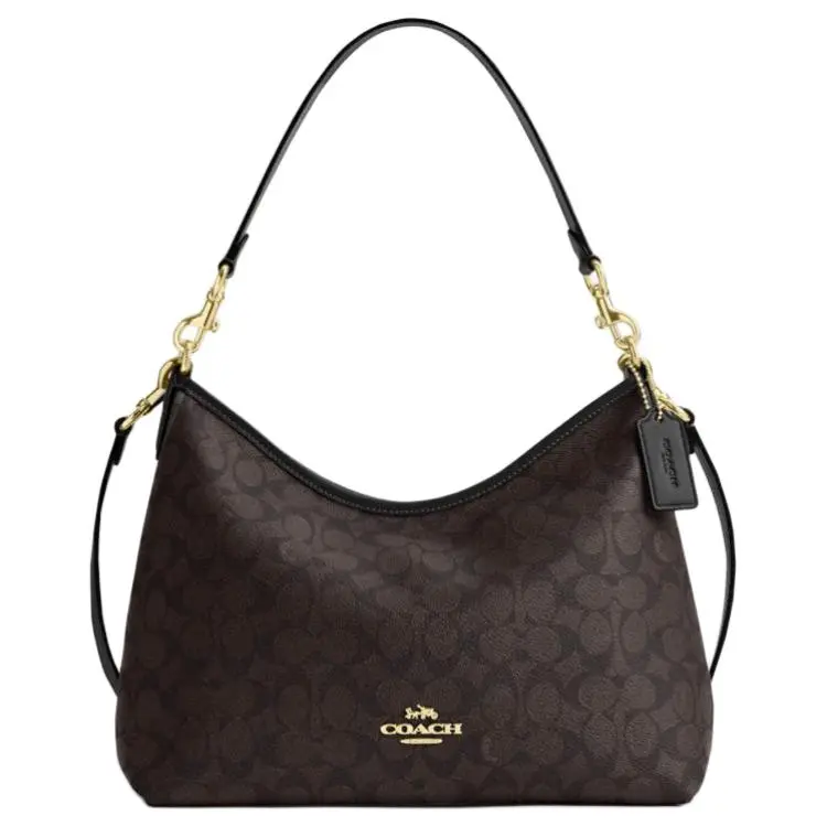 COACH Laurel 31 Classic Monogram Faux Leather Shoulder Bag for Women, Large Size, Black and Walnut