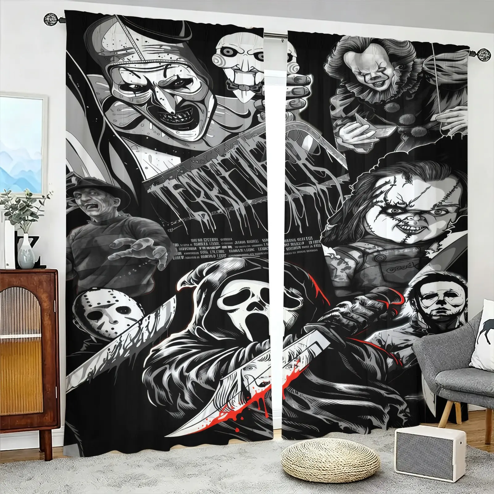 Classic Horror Movie Collection Dark Hand-Drawn Decorative Curtains Curtain Panels-Two-Piece Rod Pocket Design No-Drill Easy Installation-Privacy and Noise Reduction Draps-Movie Fans Bedrrom/Gaming Room/Halloween Home Decor