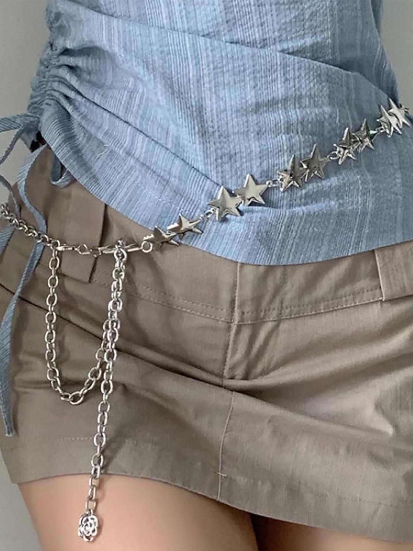 Silver Star Chain Belt Western Metal Belt for Women Punk Chain Belts for Dresses Jeans Waist Chain Belt Y2k Emo Body Jewelry Star Decorated Belt