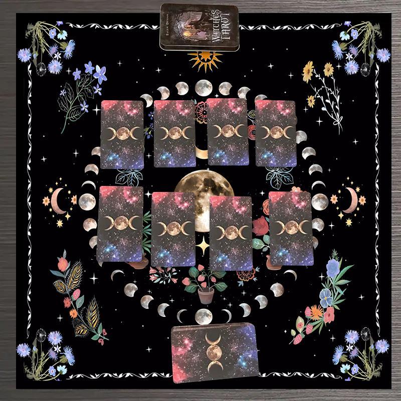 Ramadan Decorations Moon & Flower Pattern Tablecloth for Home Decor, Picnic Table Cover, 1 Count Eid Mubarak Decor Square Tarot Tablecloths, Kitchen Accessories Card Pad, Dressers Desktop Decorations, Moon Phases, Floral Designs