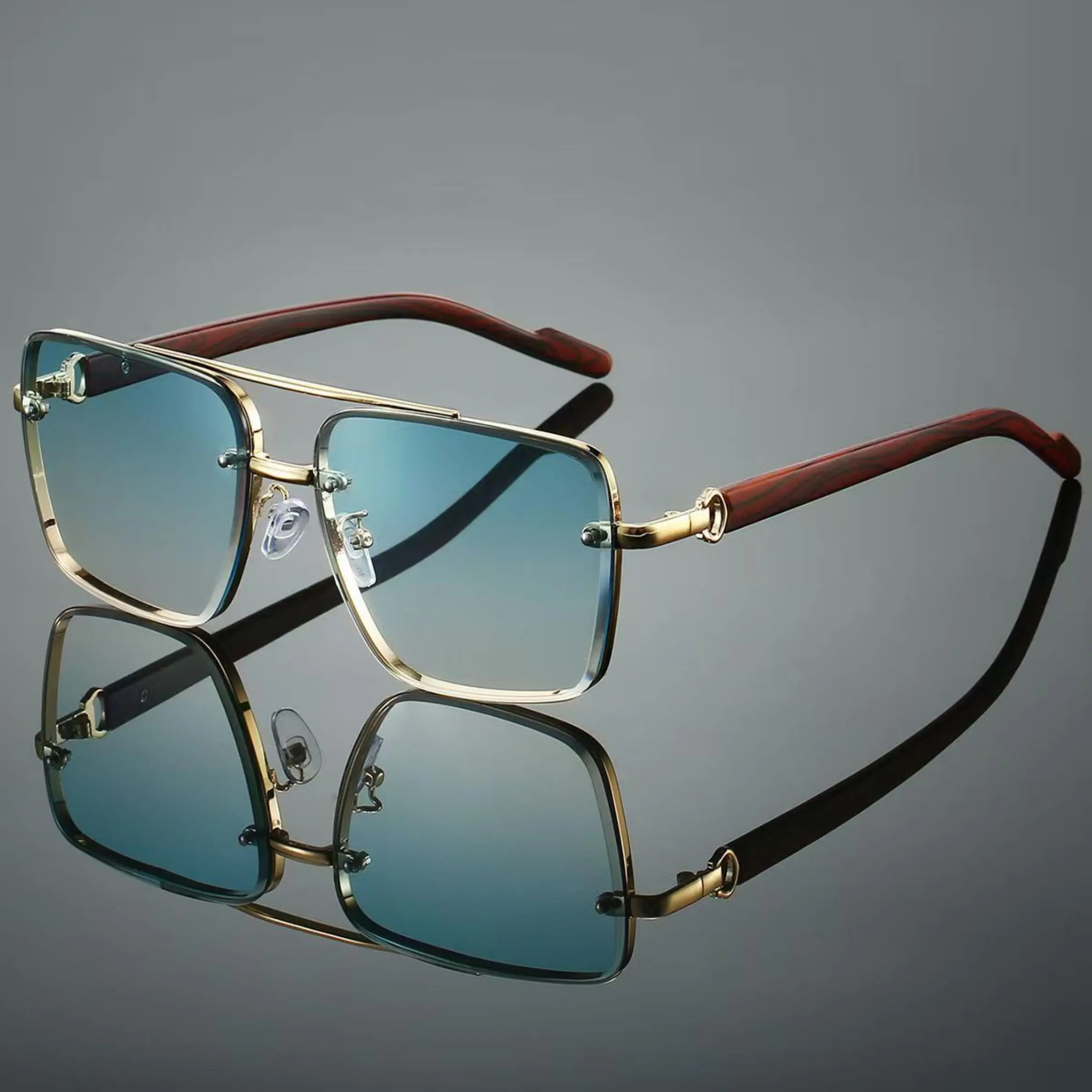 Men's New Full Frame Square Glasses Retro Dual Bridge Design Imitation Wood Texture Temples Metal Frame Classic Fashion Decorative Eyewear Square Frames