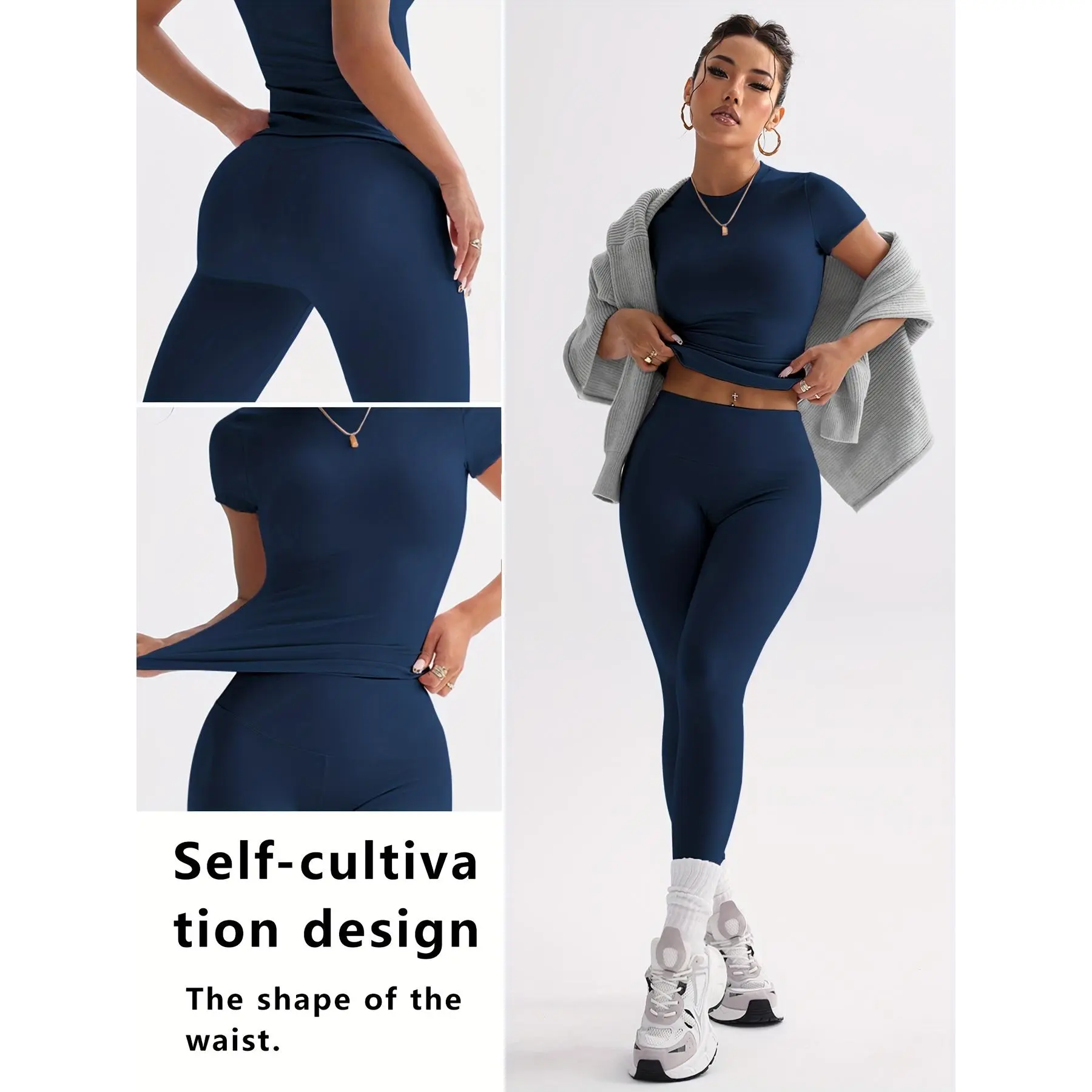 Women's 2-Piece Athletic Outdoor Sportswear Set - Short-Sleeve Solid Top with Elastic Fitted Round Neck, Elegant-Waist Tight Bottoms with Butt-Lifting, Hip-Enhancing, Leg-Lengthening Design for Running, Yoga, Campus Gym Fashion, Tight Fit