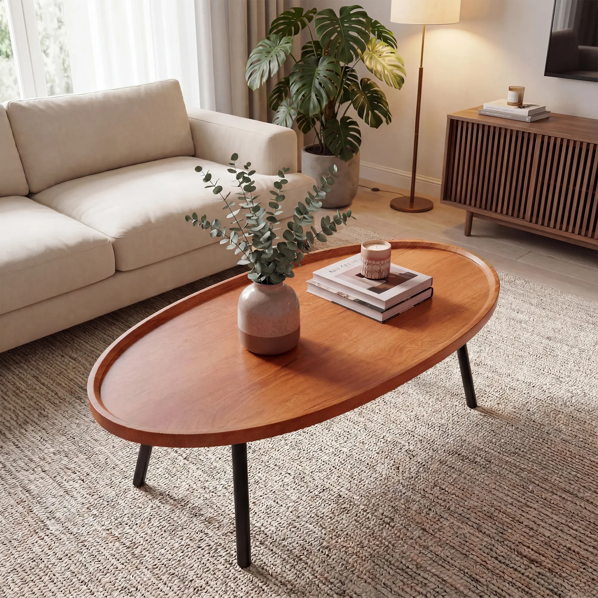 Wooden Coffee Table for Living Room | Modern oval coffee table nesting table for living room home office 32"
