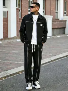 Men's Long Sleeve Sportswear Set, Drawstring Jacket, Comfortable Football Training Coat, Letter Print, Zipper, Spring & Fall