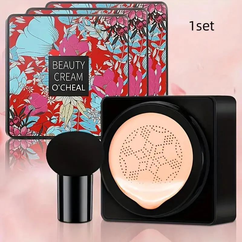 Mushroom Cushion Foundation Set, Long-Lasting Hydrating Bb Cream, Lightweight Buildable Coverage, Concealer Moisturizer, Brightening Face Primer, 1 Piece Kit