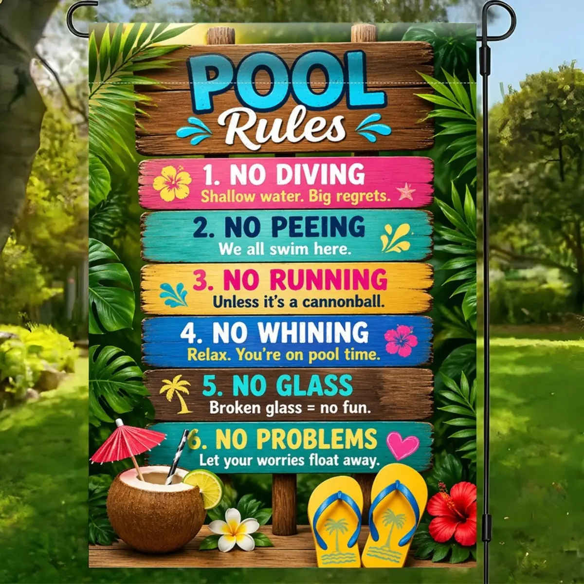 12x18 Double Sided Pool Rules Garden Flag, Funny Summer Pool Yard Flag, Tropical Pool Party Decoration, Outdoor Backyard Swimming Pool Decor