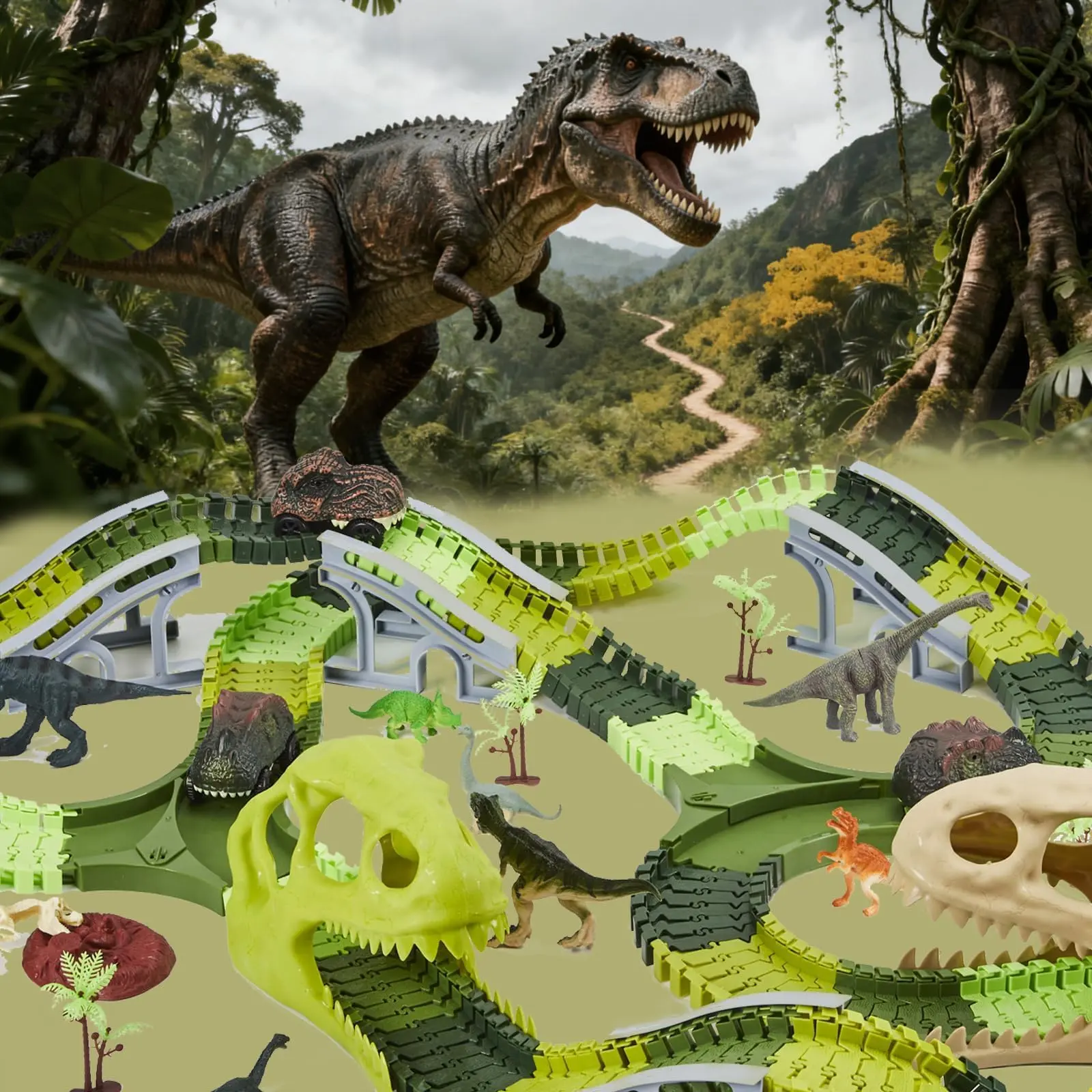Dinosaur Race Track Set for Kids Ages 3-8 – Flexible Track Playset with Cars & Dinosaur Figures – Build Your Own Adventure Park – Educational Birthday Gift for Boys and Girls