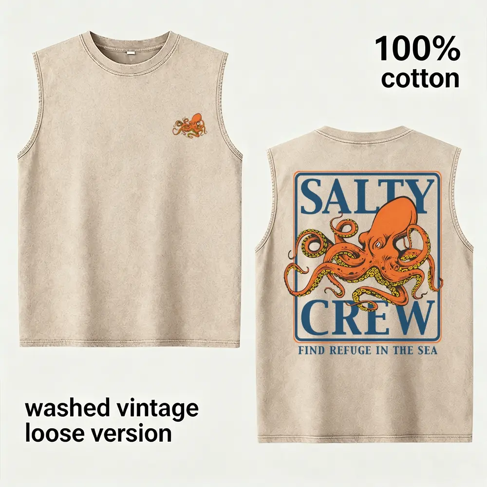 Plus-size Men's washed pure cotton sleeveless T-shirt, loose-fit graphic tee, vintage-style casual top, soft and breathable heavyweight cotton tank, retro streetwear, stylish wardrobe essential.