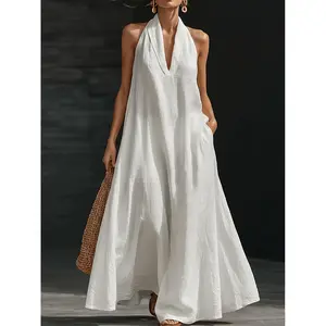 Women's V-Neck Long Dress, Casual Sleeveless Summer Solid Linen-Look Maxi with Hidden Pockets