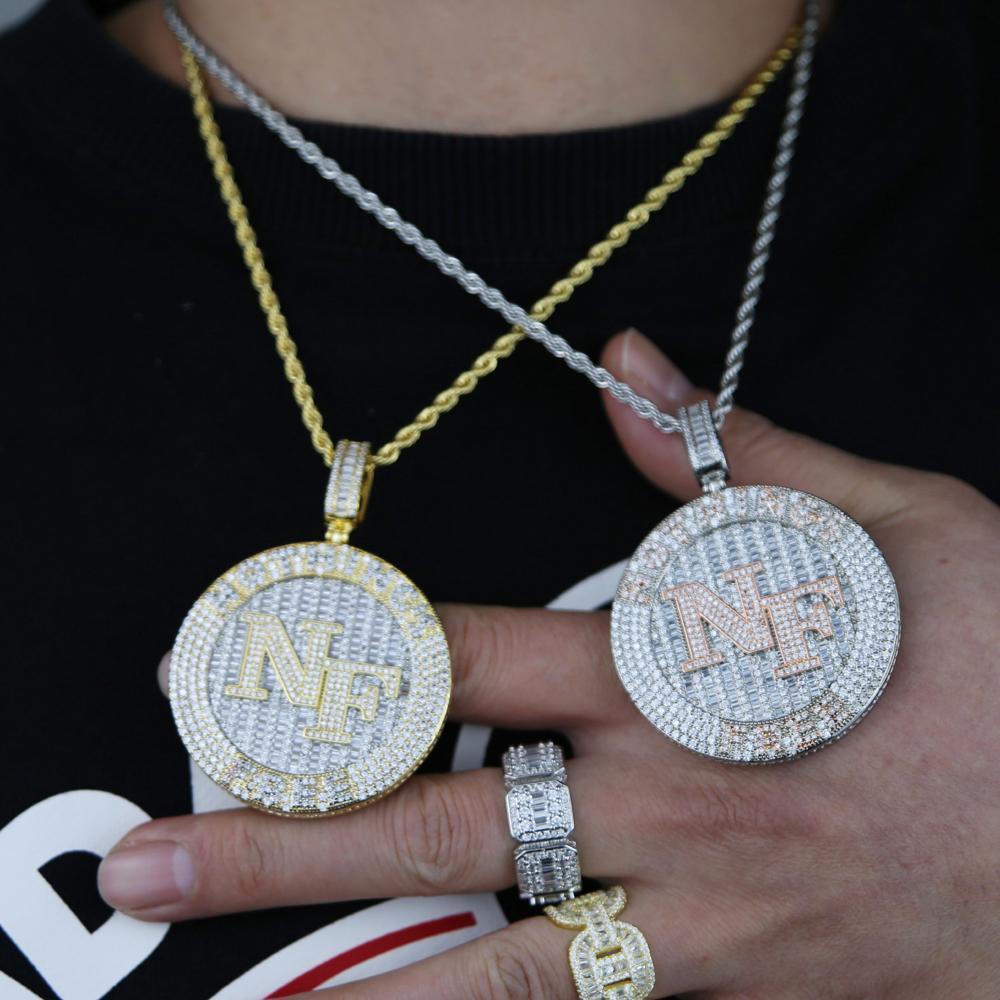 2025 New Iced Out Bling Round Letter Pendant Necklace Full Paved 5A CZ Cubic Zirconia Badge Charm Fashion Hip Hop Men Jewelry