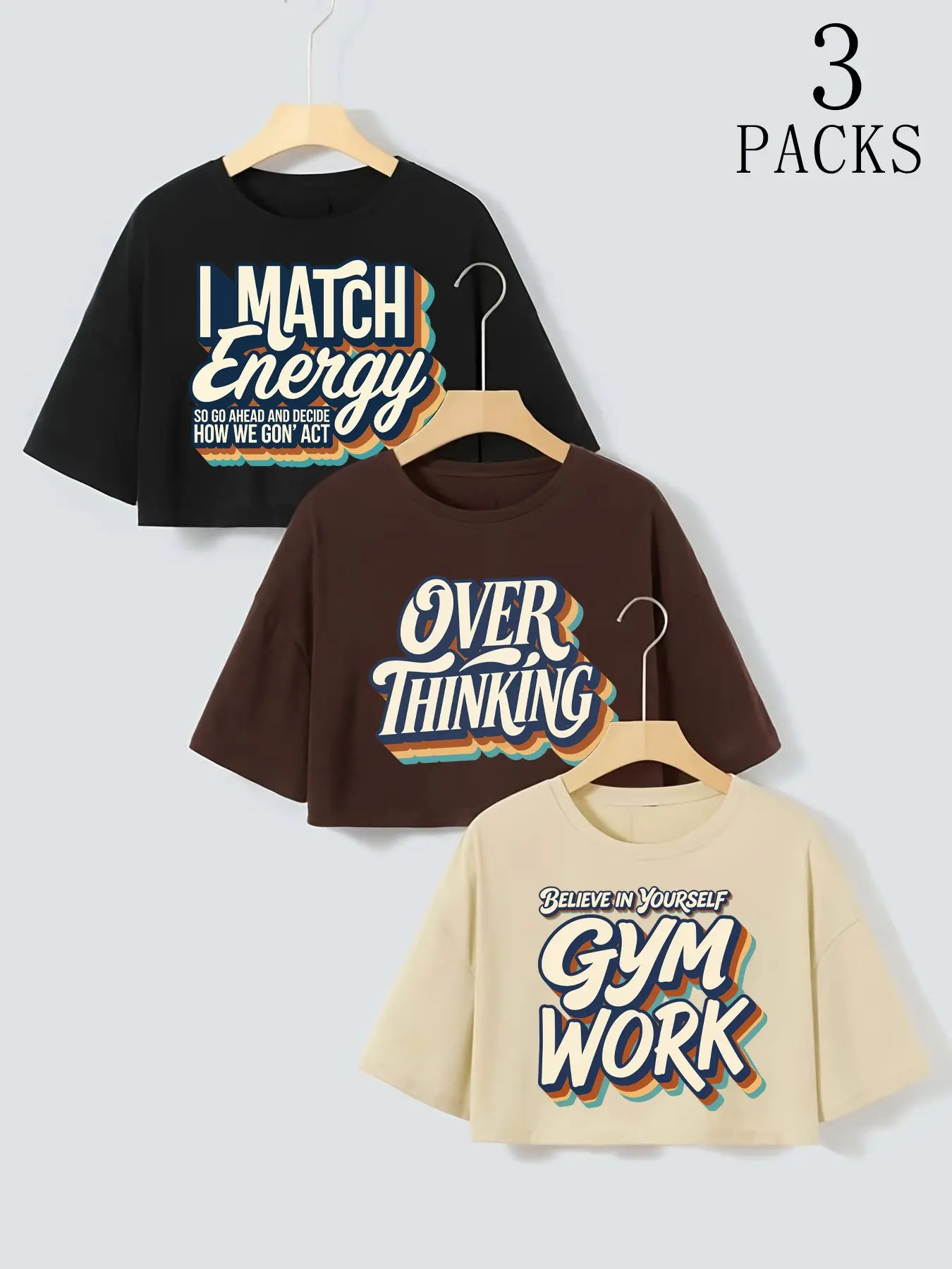 Women 3 Packs Vintage Letter Graphic Crop Short T-Shirts, Loose Crew Neck, Retro Y2K Streetwear, Casual Midriff-Baring Blouses, Summer