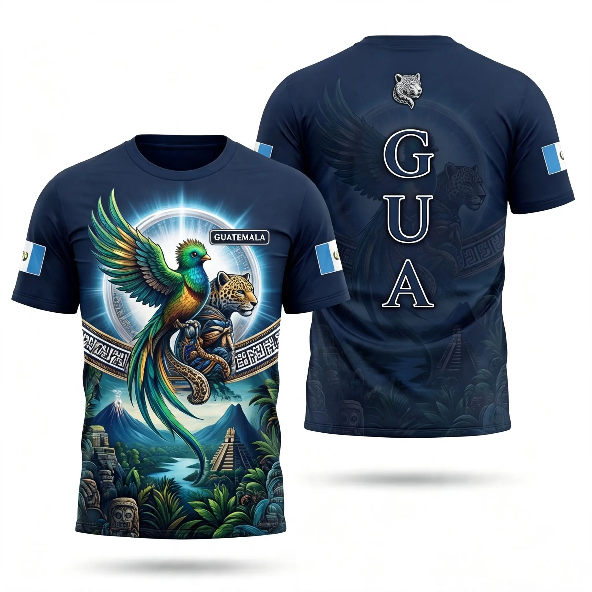 Men's Round Neck Short-Sleeve Imitation Cotton Guatemala Quetzal Jaguar T-Shirt, Personalized Guatemala Heritage Menswear Apparel, Shortsleeve, Tops
