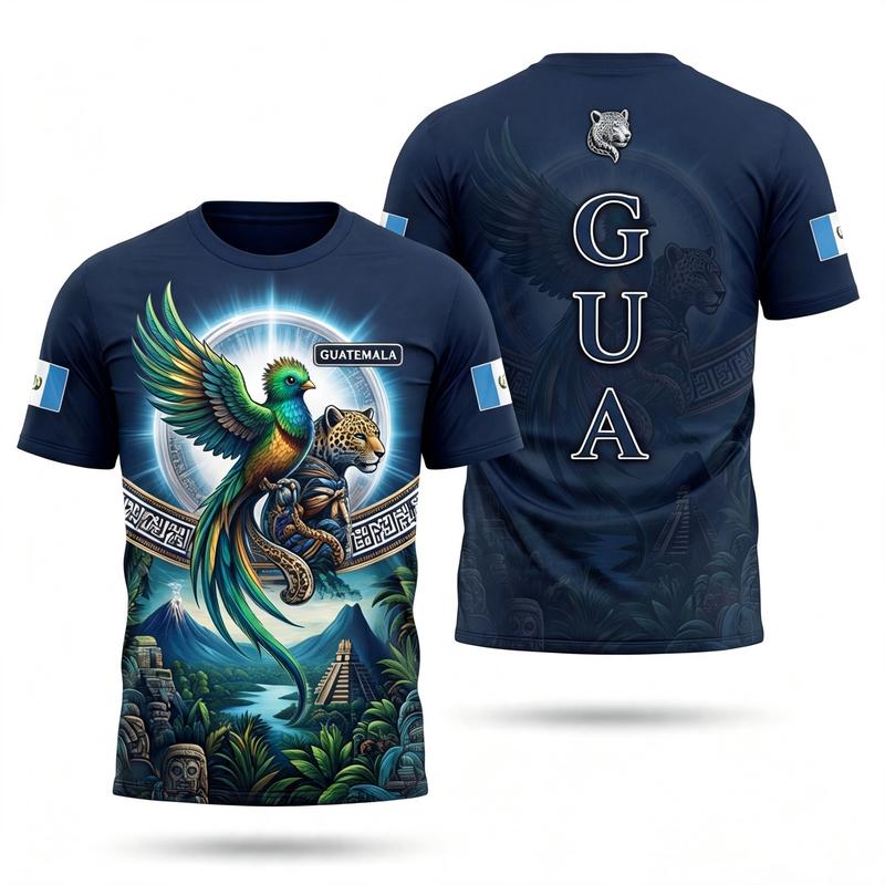 Men's Round Neck Short-Sleeve Imitation Cotton Fabric T-Shirt, Guatemala Quetzal Jaguar Print, Heritage Look, Standard Fit, Simple Streetwear, Multi-Size Menswear Top