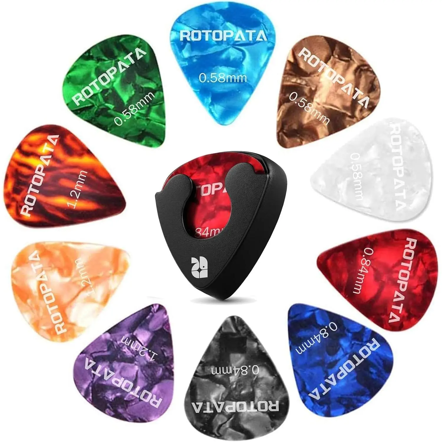 12 count Guitar Picks with Holder for Electric Acoustic Ukulele Bass | Guitar Pics with Organizer, 0.58 0.84 1.2mm Thin Medium Heavy Thickness Plectrums, Colorful Celluloid Guitar Accessories