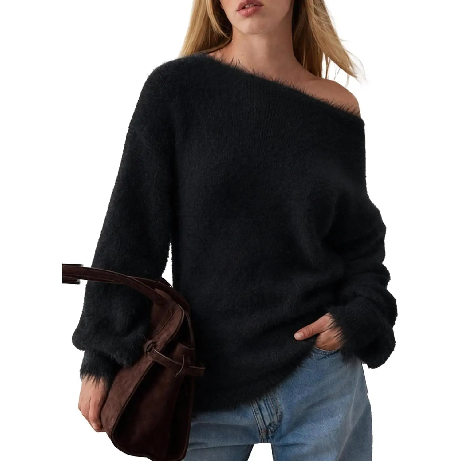 Yimoon Women Off Shoulder Sweater Fuzzy Slouchy Furry Knit Sweaters| Loose Fit, Long Sleeve, Fall, Cozy Pullover Jumper Tops