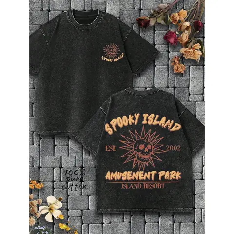 Men's 100% Cotton Casual Round Neck Short-Sleeve Graphic Tee - Vivid 2002 Ghost Island Weird Amusement Park Skull Spooky Island Retro Dark Fun Style, High-Quality Print, Vivid 2002 Print