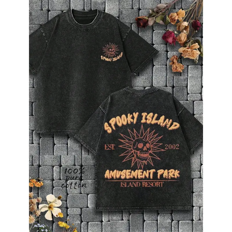 Men's 100% Cotton Casual Round Neck Short-Sleeve Graphic Tee - Vivid 2002 Ghost Island Weird Amusement Park Skull Spooky Island Retro Dark Fun Style, High-Quality Print, Vivid 2002 Print