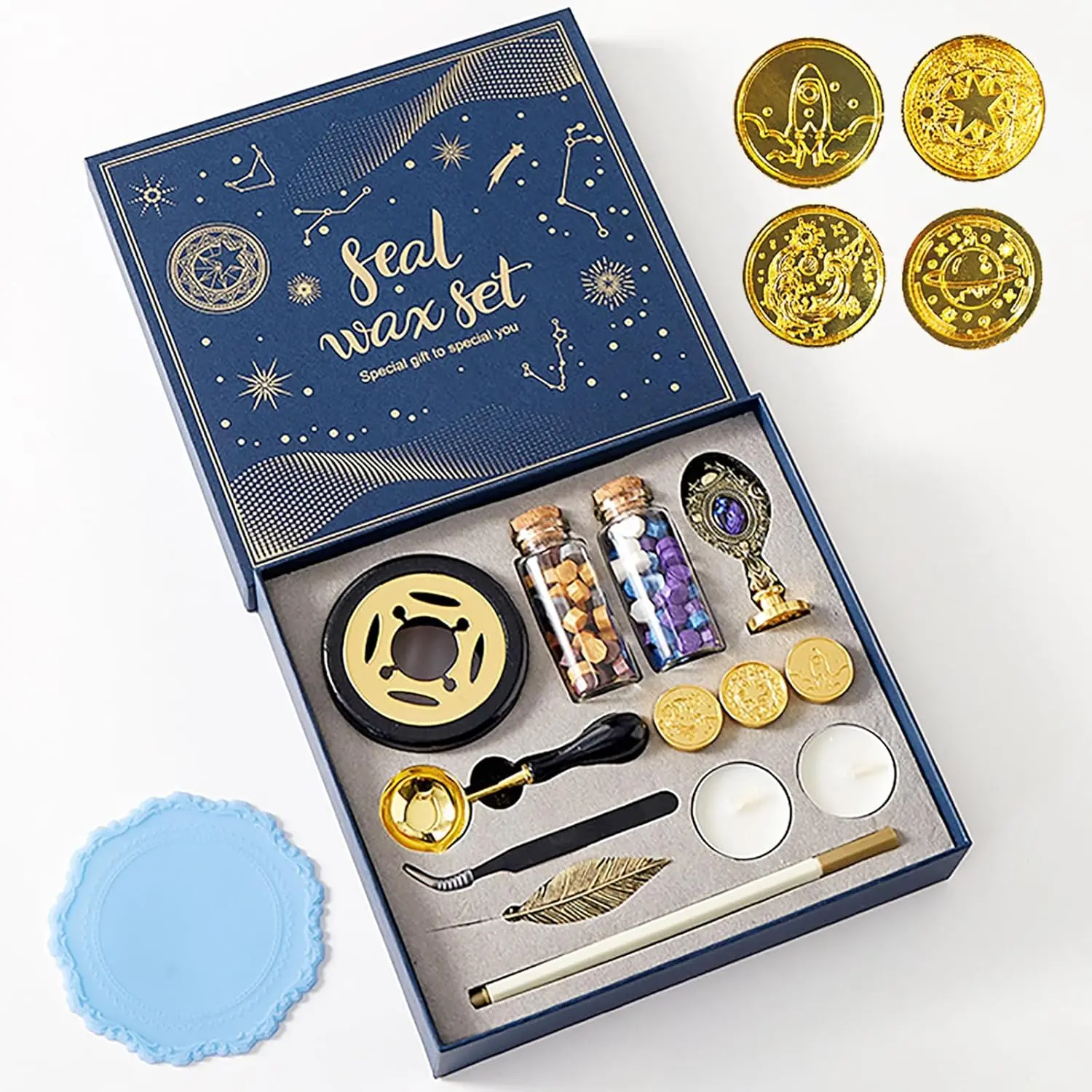 Tshiwort Wax Seal Stamp Kit with Gift Box, Hot Stamping Gift Box with Sealing Stamp Heads and Wooden Hilt, Starry Sky Wax Stamp Kit  Invitations, Cards and Gift Packaging