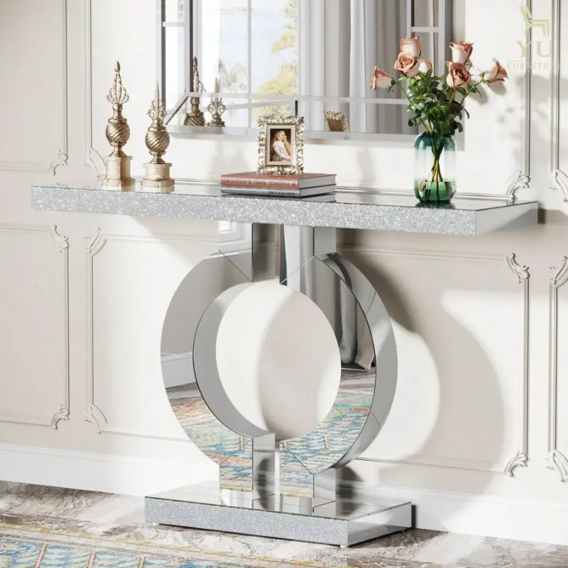 Tribesigns 43-Inch Mirrored Console Table With O-Shaped Base, Modern Silver Entryway Table Glass Sofa Table With Mirror Finish, Rectangle Narrow Foyer Table For Living Room Hallway Entrance