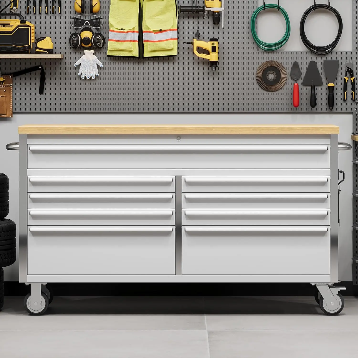 61-Inch Stainless Steel Mobile Tool Chest with 9 Drawers, Locking System, Sturdy Structure, High Capacity for Tool Organization in Home Workshop & Garage