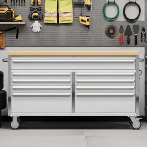 61-Inch Stainless Steel Mobile Tool Chest with 9 Drawers, Locking System, Sturdy Structure, High Capacity for Tool Organization in Home Workshop & Garage
