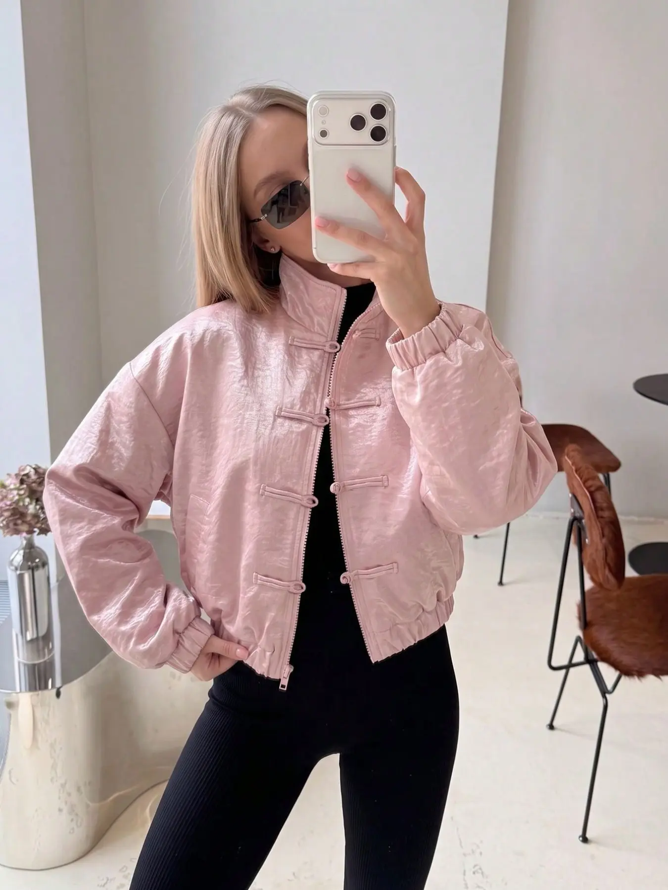 Women's Traditional Mandarin Collar Short Jacket, Textured Loose Fit Baseball Coat, New Style Zipper Casual Outerwear