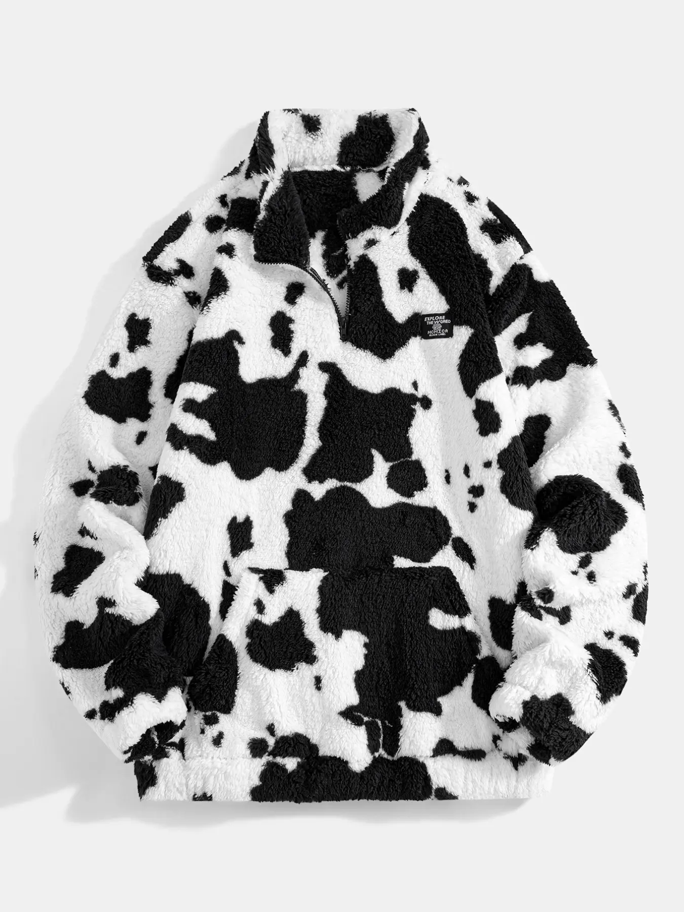 Cow Print Plush Fleece Pullover for Men, Quarter-Zip Warm Sweatshirt, Loose Stand-Collar Top with Pocket, Trendy for Travel, Street & Winter Daily Wear