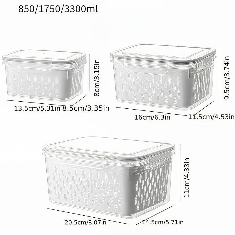 Food Storage Box with Lid, 6 Counts/set Including 3 Reusable Fruit & Vegetable Storage Container & 3 Drainers, Stackable Food Storage Box for, Home Kitchen Outdoor Picnic, Utensils, Stackable Fridge Organizer