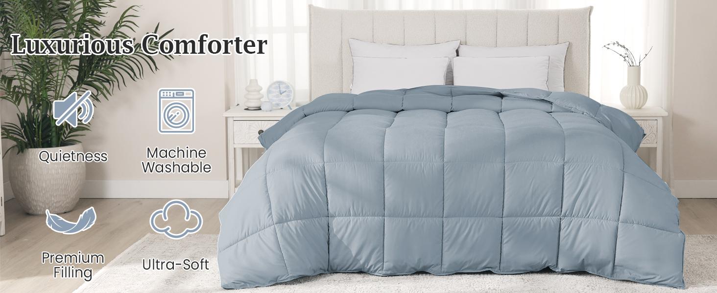 King Size Goose Feather Fiber and Down Comforter Duvet Insert All Season Hotel Luxury Bedding Comforters Soft Medium Warmth 88x104 Inches Light Grey