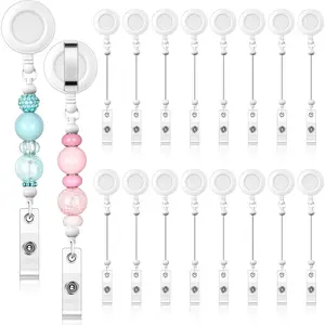 16 count Beadable Badge Reel, Retractable Clips Holder for Beaded Blank Bars, ID Name Badge Reel with Belt Clip,  DIY  Beadable Items for Nurse Teacher Office Supplies(White)