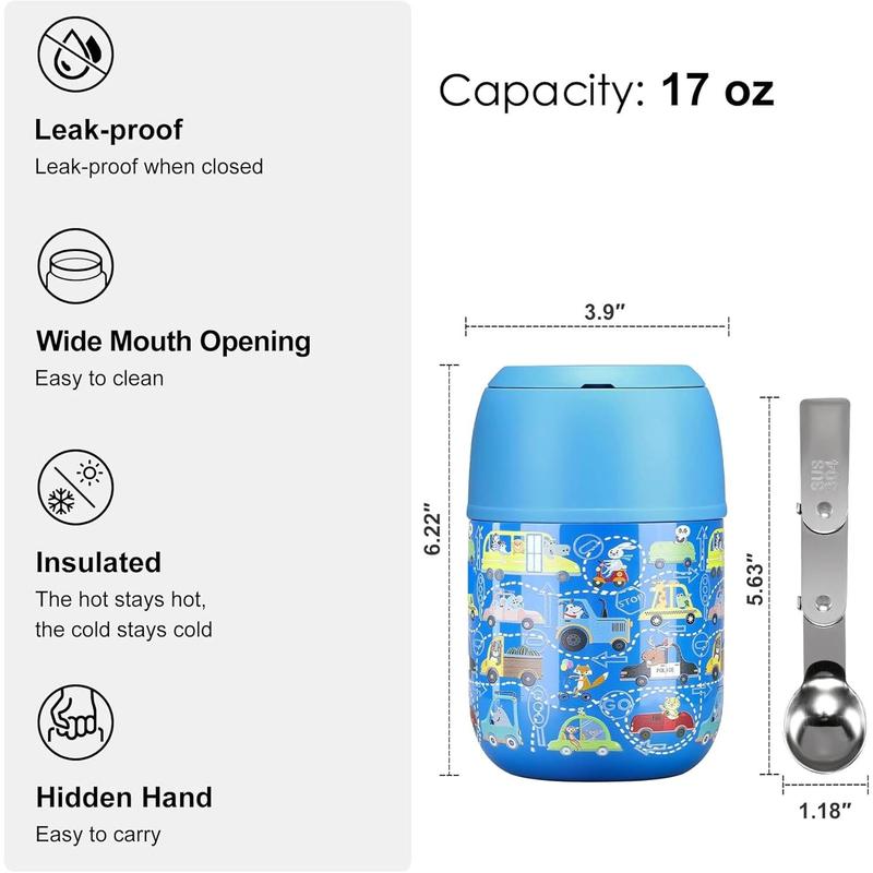 17 oz Insulated Lunch Containers Hot Food Jar, Wide Mouth Lunch Thermo for Kids Adults, Vacuum Stainless Steel Lunch Box With Handle Folding Spoon for School, Office (Blue Car)