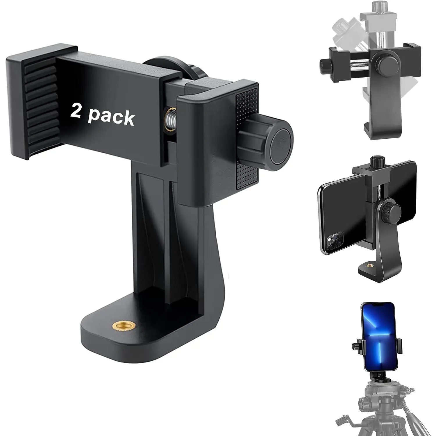 Cell Phone Tripod Mount Adapter,  Phone Holder Adjustable Clamp, 360  Rotatable Bracket 1/4" Screw Clip for , Samsumg, Selfie Stick, Monopod (Black-2 Pack)