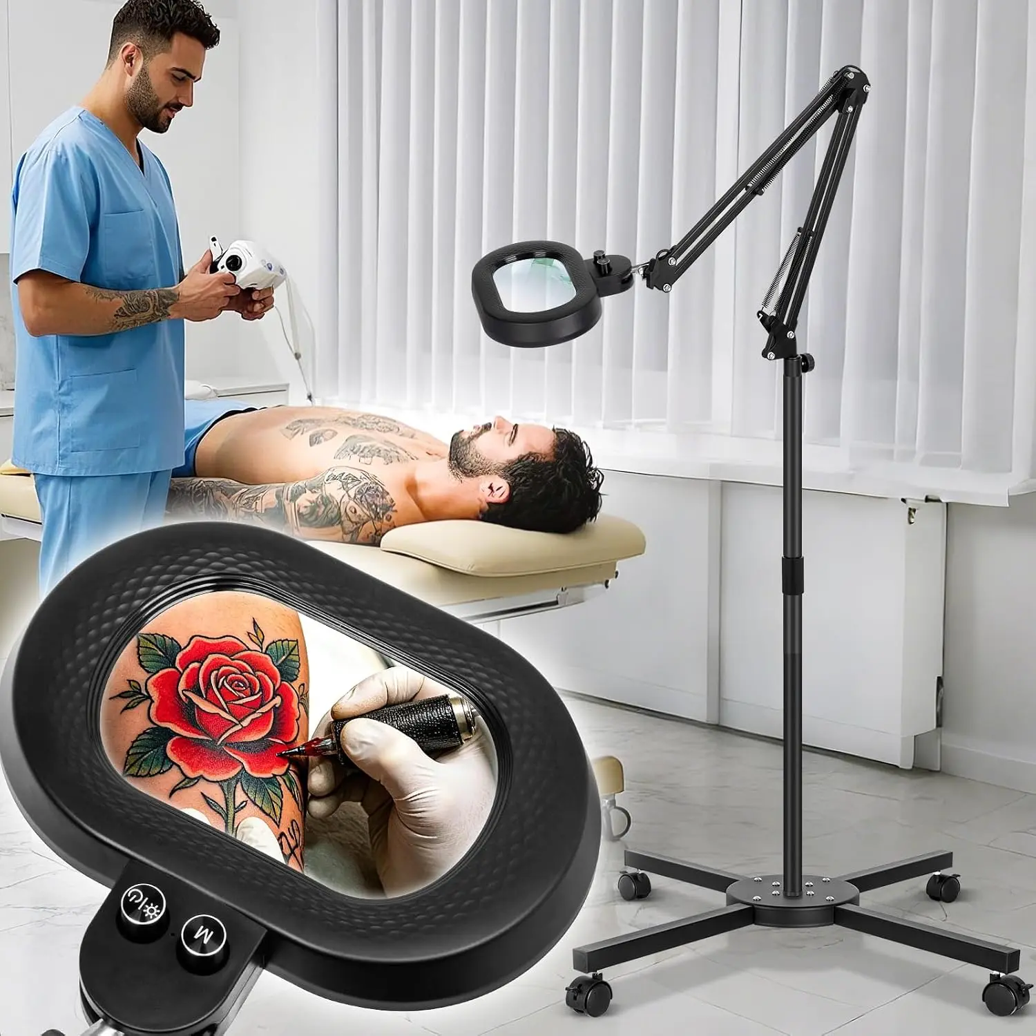 Esthetician Magnifying Floor Lamp, 3-Axis Magnifier 12X Black | 2200 Lumens, Square Glass Lens, Stepless Dimmable, 4 Wheel Rolling Stand Mag Light for Facial Craft Sewing  Eyelash