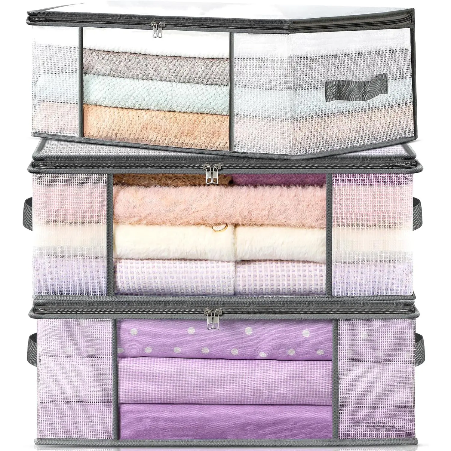 3-Pack Clothes Storage Bags, Plastic Foldable Blanket Storage bins, Closet Organizer Container for Bedroom, Bedding, Comforters, Pillows, and Clothing - 35L with Handles