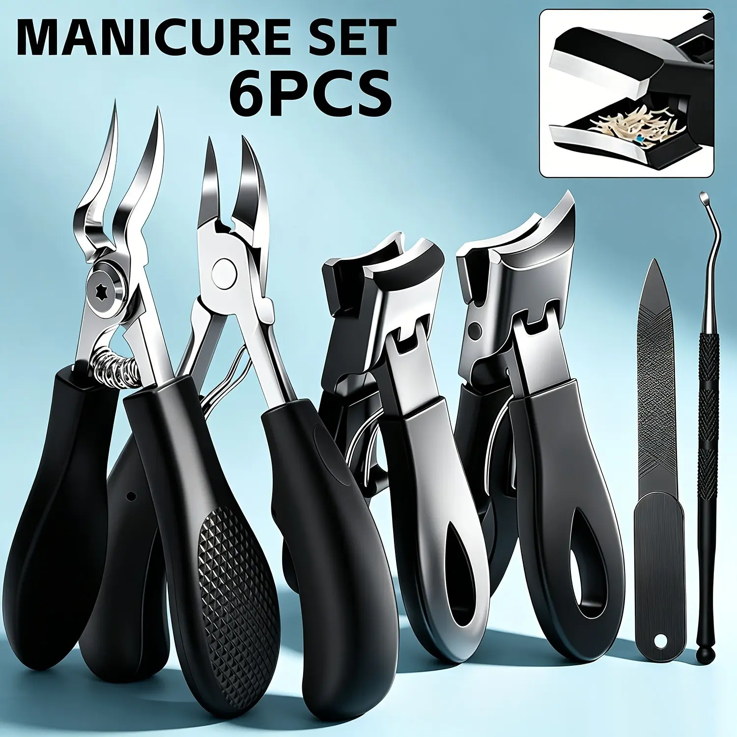 6 Piece Anti-Splash Thick Nail Care Kit, Dual Claw Ingrown Clipper, Large Nipper, File, Home Foot Care Tools, Manicure Pedicure Essentials