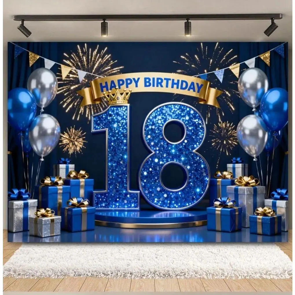 Black Gold Pink Blue Balloon Ribbon 18th Birthday Backdrop Background Cloth, Coming of Age Tapestry Wall Hanging Photography Background Premium Polyester Fabric, Birthday Celebration Decor, Photo Booth Prop, Studio Background