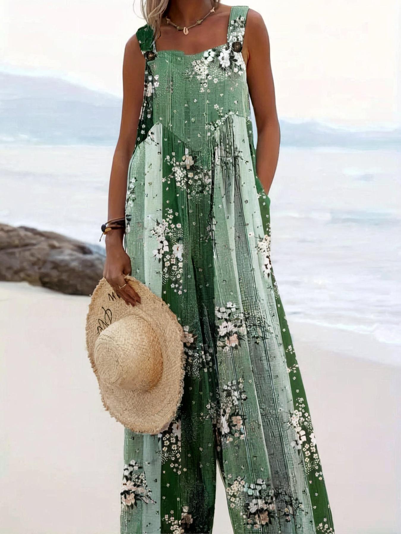 Plus Size All Over Print Floral Button Design Overall Jumpsuit, Boho Casual Sleeveless Wide Leg Jumpsuit for Beach Holiday Vacation, Women's Clothes for Summer