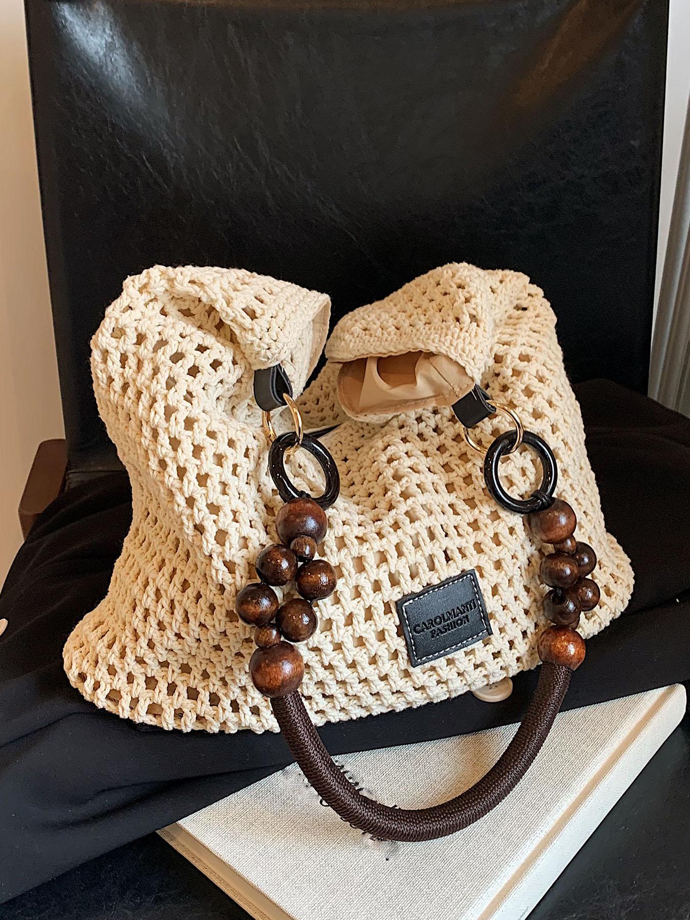 Women's Elegant Crochet Crossbody Bag, Fashionable Shoulder Bag with Wooden Beads Handle, Casual Trendy Versatile High-quality Daily Commuting Bag, Crossbody Purse, Casual Commuter Bag