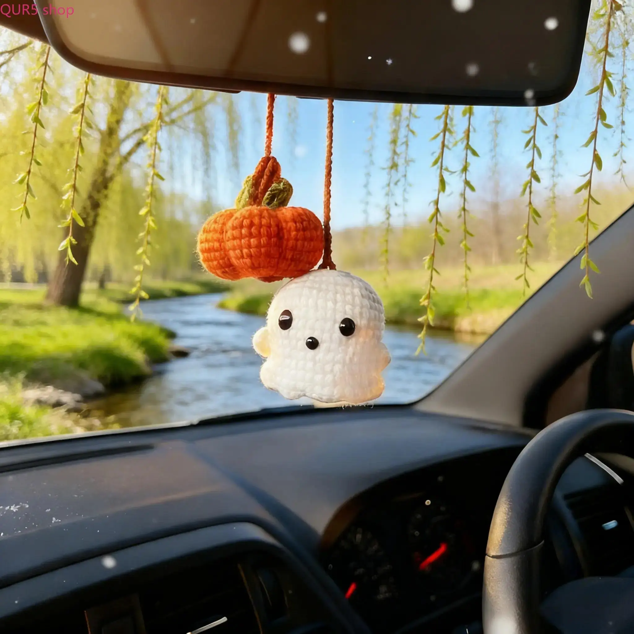Handmade Crochet Ghost & Pumpkin Car Rearview Mirror Charm, Cute Amigurumi Hanging Ornament, Cozy Season Decor For Spring Summer Road Trips